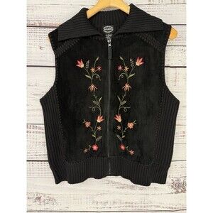 Designers Studio Vintage Womens Vest Size L Black Grandma‎  Leather Embroidered